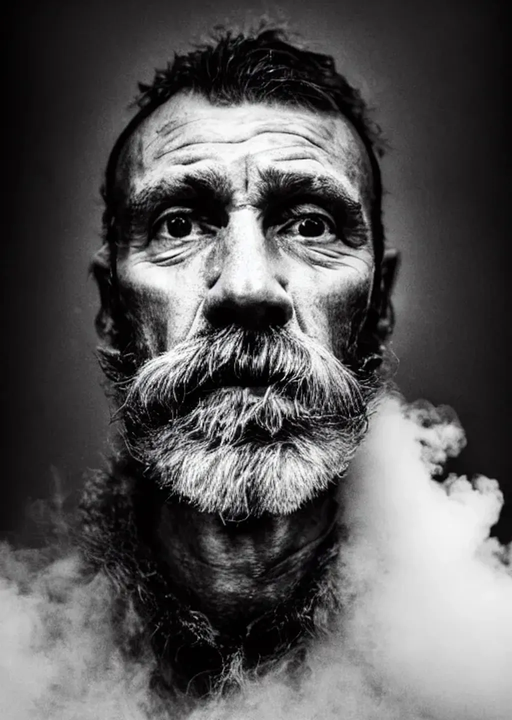 Prompt: head and shoulders portrait of rugged ugly man made of white smoke, glamor shot, portrait, ilford hp 5, f / 2. 8, black and white, high contrast, 1 6 k, lonely, perfectionism, halfrear lighting, insanely detailed and intricate, hypermaximalist, super detailed