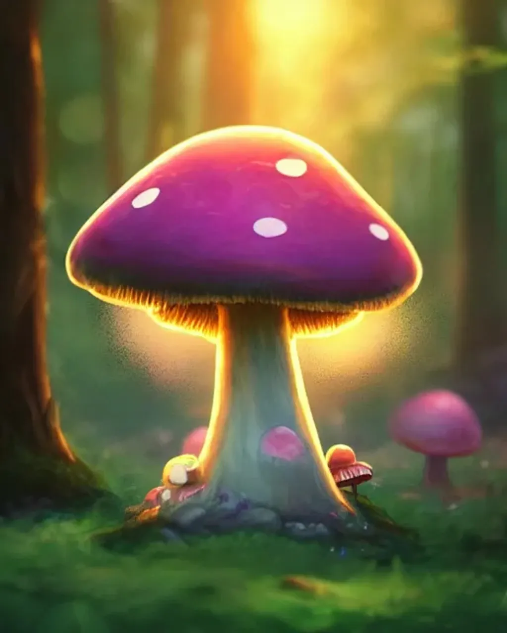 Prompt: concept character art for a cute fantasy mushroom being, large adorable anime eyes, centered, fantasy mushroom forest background, bokeh effect, magical lighting, golden hour, lens flare, pastel pink glow, beautiful glowing lights, bio-luminescence, epic fantasy, fine art, clean, polished, trending on artstation, brush strokes, smooth, sharp focus, professional concept character art by pixar, luke chueh, matt dangler
