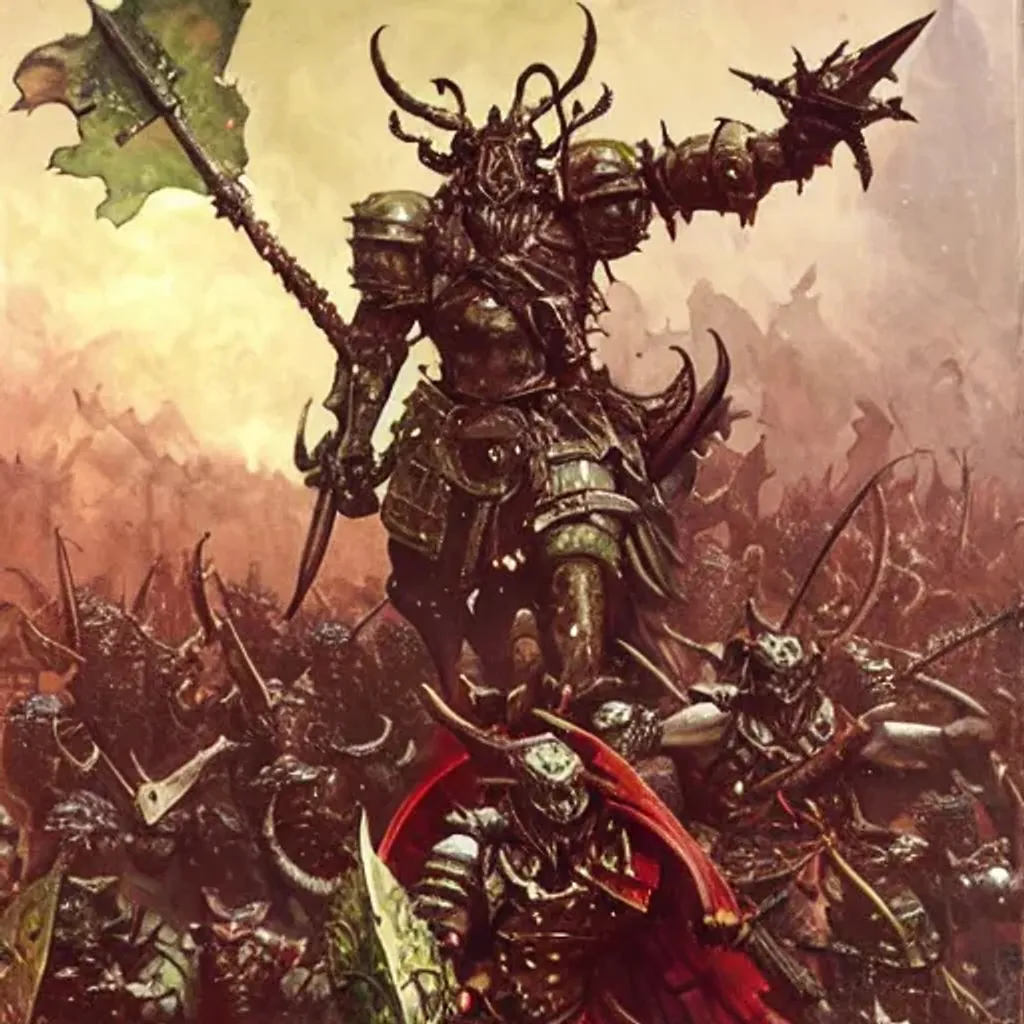 Prompt: Demon androgynous heavy armored and armed elves of Nurgle march to battle, war, glory, lust, banners, fantasy art by Frank Frazetta and Marc Simonetti, highly detailed, oil on canvas