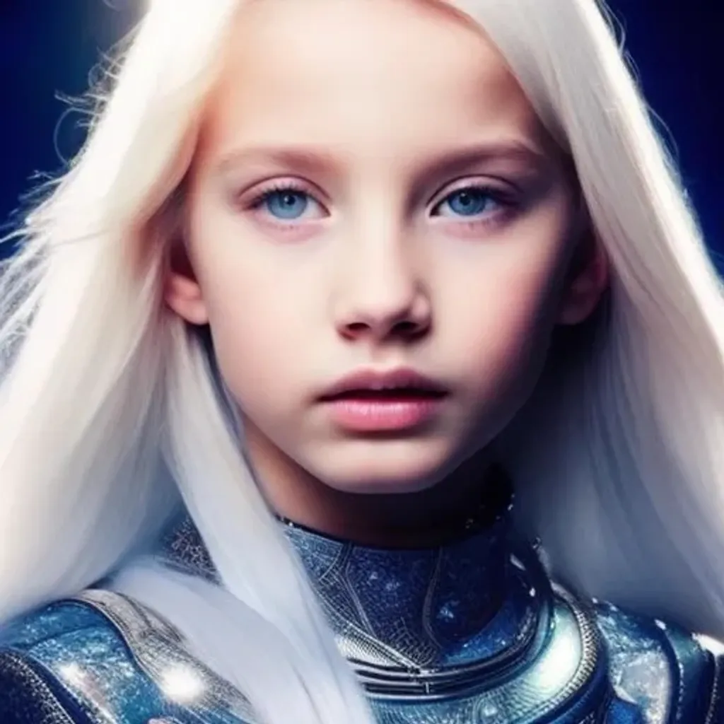 Prompt: cute beautiful {russian} child girl from another civilization and race, dressed in transparent silver clothing and suit on the spaceship, blue eyes with the reflections of light, ultra-realistic soft lighting, {smooth soft skin}, sharp eyes, beautiful intricate {white hair}, natural color of lips, symmetrical face, anime wide blue eyes, soft lighting, cute smile, {eyes with reflection}, bright soft light from the behind