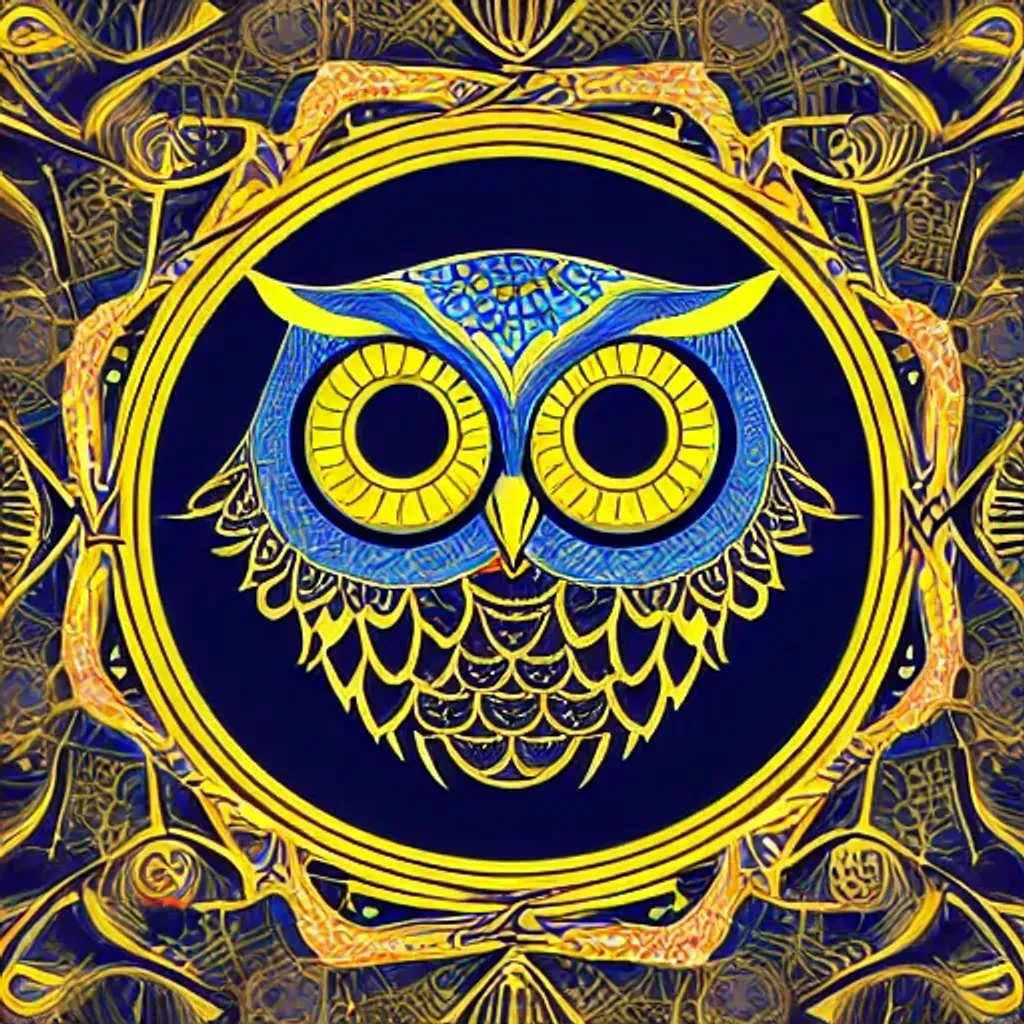 Prompt: wise godly owl fractal mandala, psychedelic style, simple 2d vector geometric, cutout shape, blueprint frame lines sharp edges, svg vector style, golden black blue colours, night asthetic, product studio shoot, by artgerm, Greg rutkowski