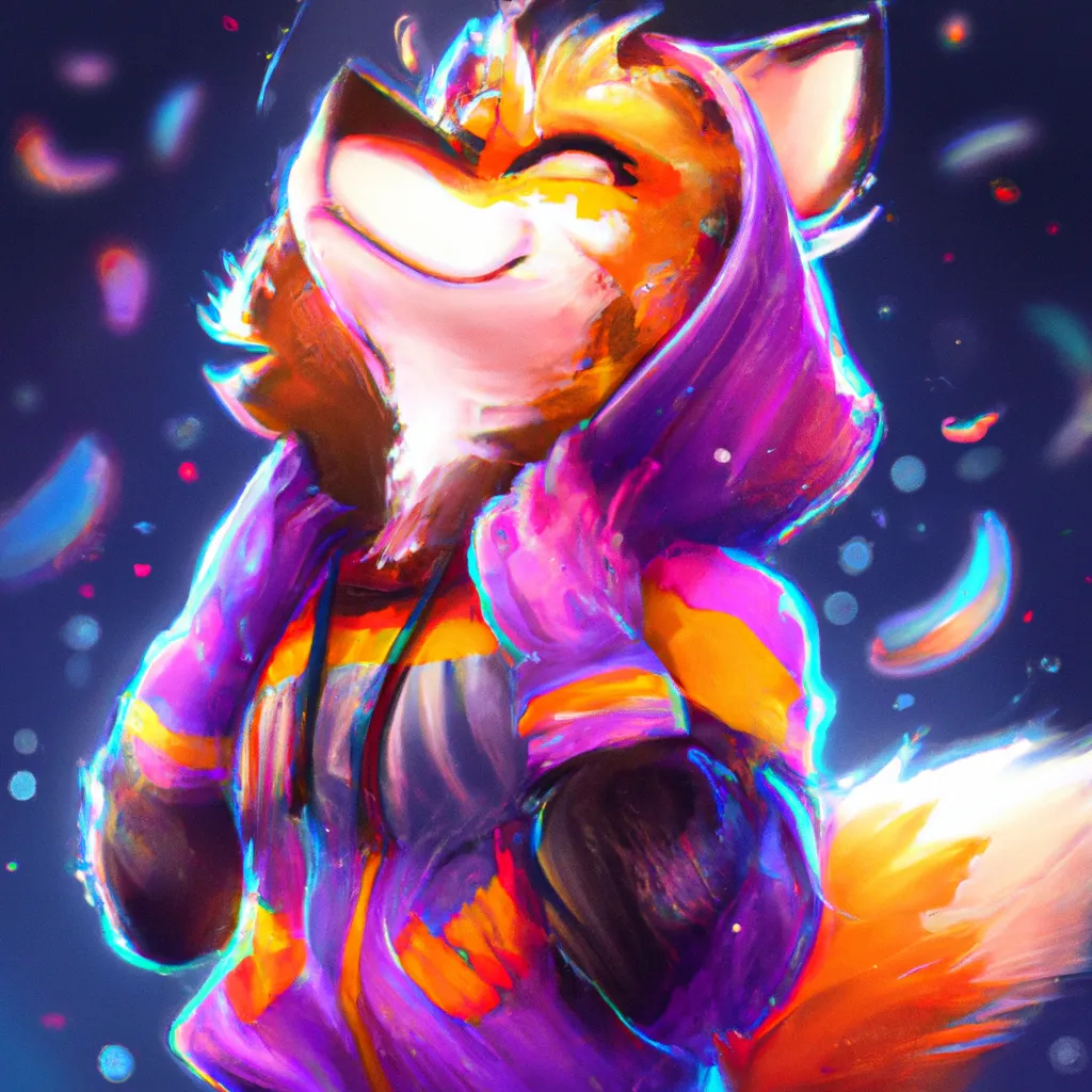 Prompt: A dreamlike state of color clean lines, pastel high contrast of an anthro fursona adult female furry red fox wearing a purple cozy hoodie with constellations adorning the sleeves who's rainbow and in the light, main color red and blue, surface like an oil spill,  high detail, full animal, artstation, splash of color, dynamic lighting full body in frame