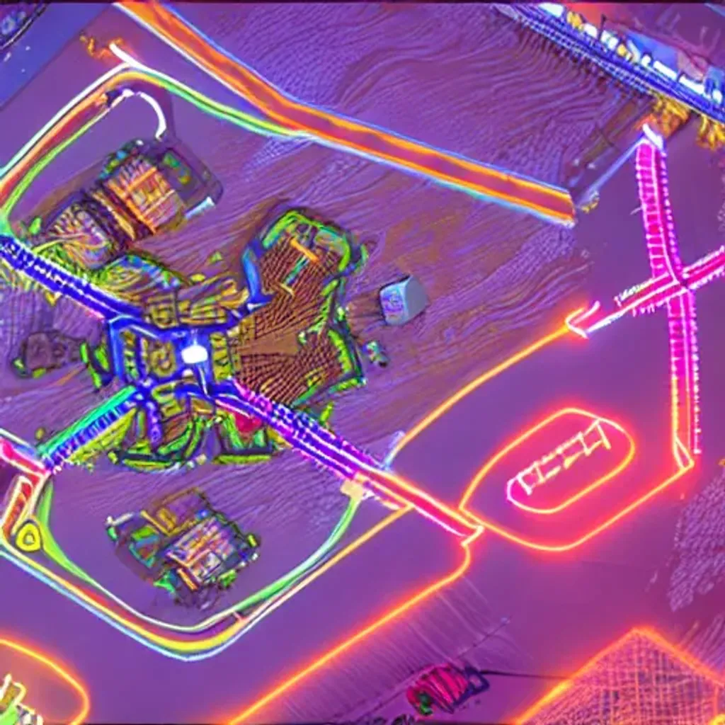 Prompt: crazy cat raceway, fast windy circuit, (aerial view) dungeon synthwave
