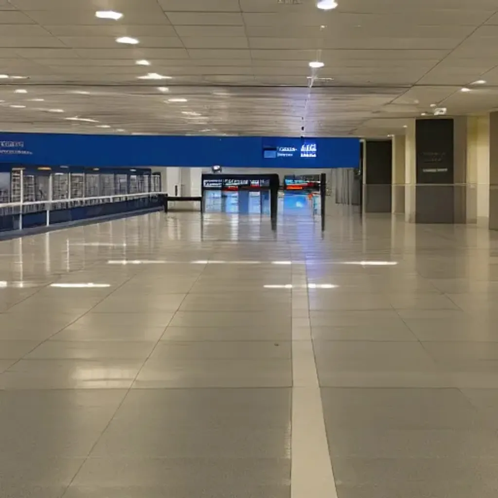 Prompt: An empty liminal airport at night with checkout sign on the right that leads to the wall