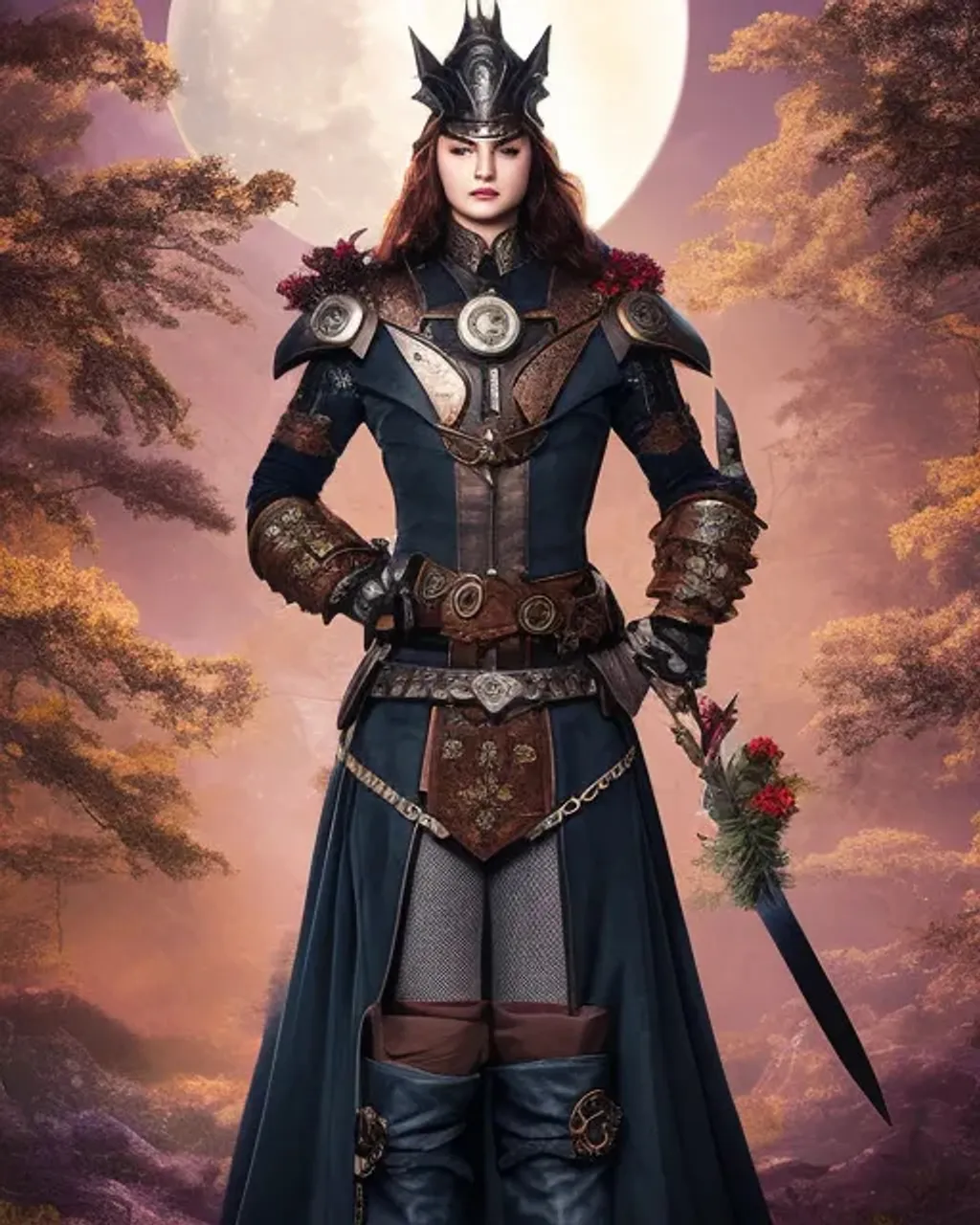 Prompt: centered mid portrait of SteamPunk warrior with detailed outfit in a flower forest under the light of a full moon
| symmetrical facial features, accurate anatomy, sharp focus, soft colors, textured brushstrokes, 8K 
| fantasy, aetherpunk, fantasycore, fairycore, ice and fire , game of Thrones 
| by CGSociety, ArtGerm, WLOP, Laura Sava, Dan Mumford
| ((backlight)), ghibly, Shallow Depth of Field, soft light, sharp focus, canon eos r3, f/1.4