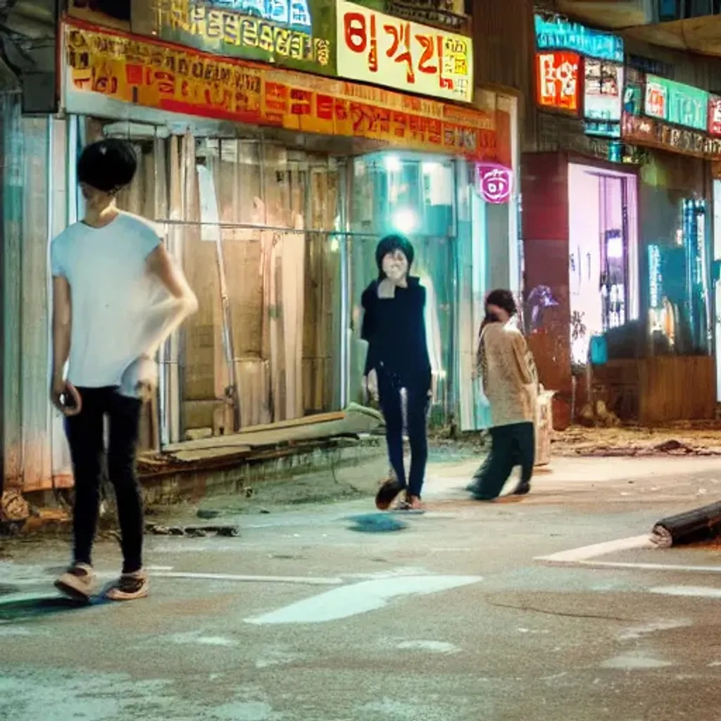 Prompt: abandoned store in south korea with people walking by, at night, liminal space