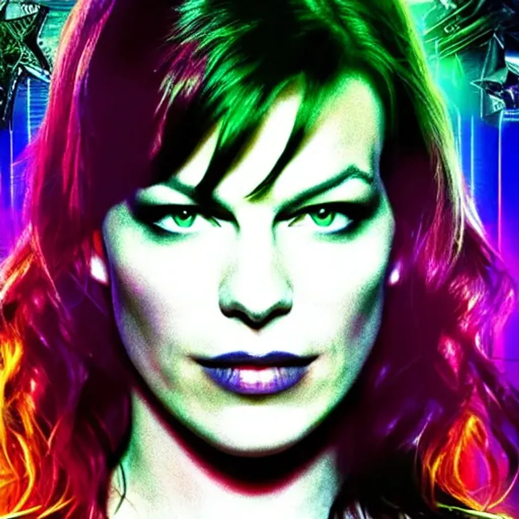 Prompt: Alice aka Milla Jovovich illustration, https://cdn.openart.ai/uploads/upscaled/abstract-art-neon_j3huwl8M_upscaled.jpg, https://cdn.openart.ai/uploads/image_random_m8n0G2pD_1671769589492_512.webp, artstation, by greg rutkowski, Jason Edmiston, cyberpunk, random shot angle 