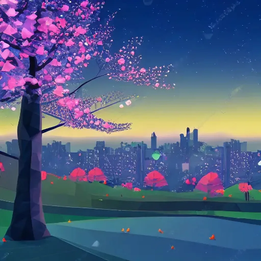 Prompt: three low poly cherry blossom trees on a hill in autumn at night, with city skyline in the background