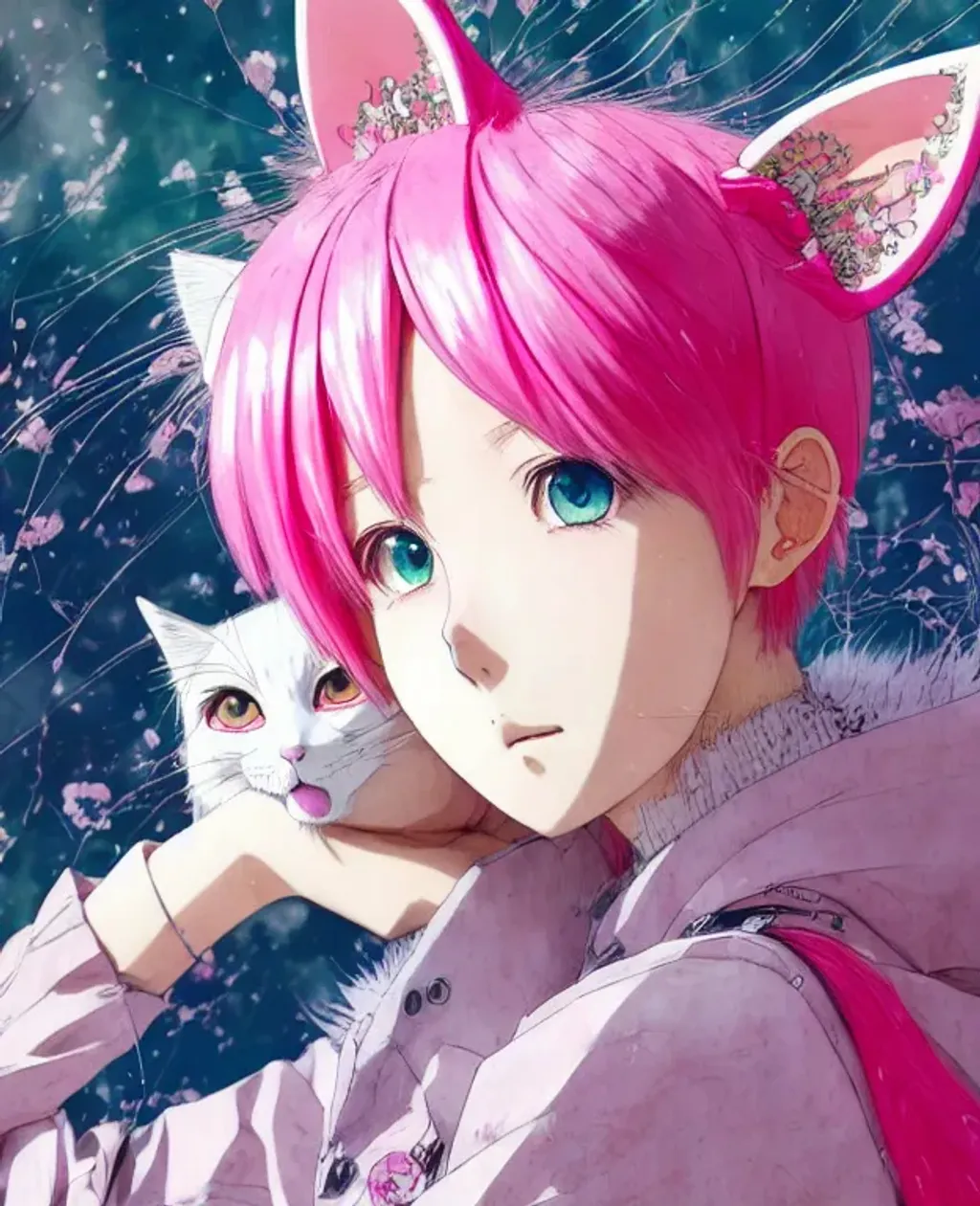 Prompt: cute pink haired anime female with cat ears, pink cat eyes, short hair, beautiful, manga, insanely detailed and intricate digital illustration by Hayao Miyazaki, Ismail Inceoglu, M.W. Kaluta and Yoshitaka Amano, a masterpiece, close-up, 8k resolution, trending on artstation, delicate, watercolor, soft