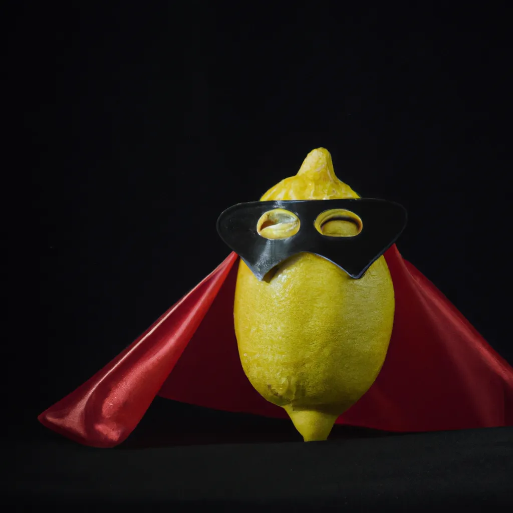 Prompt: lemon wearing a superhero costume, award winning photography 