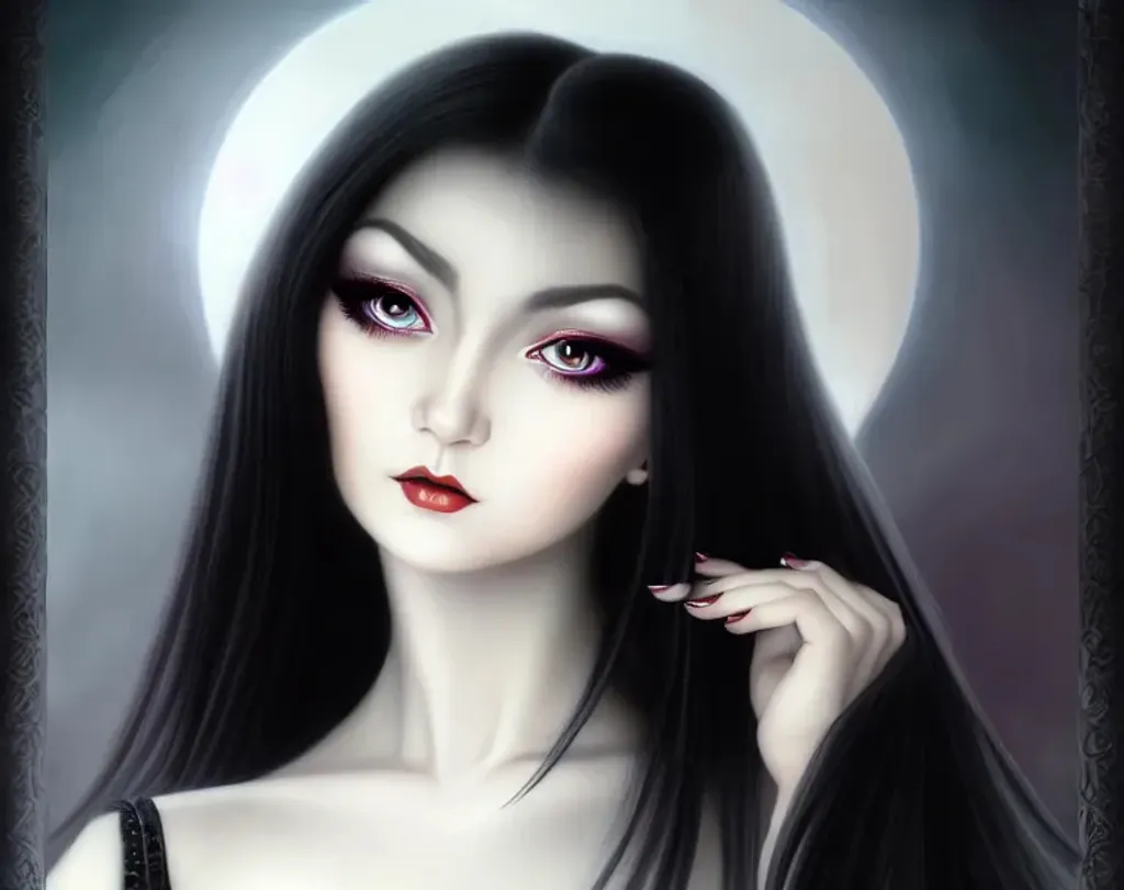 Prompt: Portrait of an ethereal eurasian woman, smooth soft skin, big dreamy black eyes, beautiful intricate straight hair, gothic, anime large eyes, soft lighting, detailed face, by alberto vargas, digital painting, looking into camera