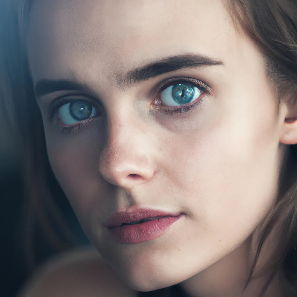 Prompt: Emma Watson beautiful blue eyes, portrait, professional photography, cinematic lighting