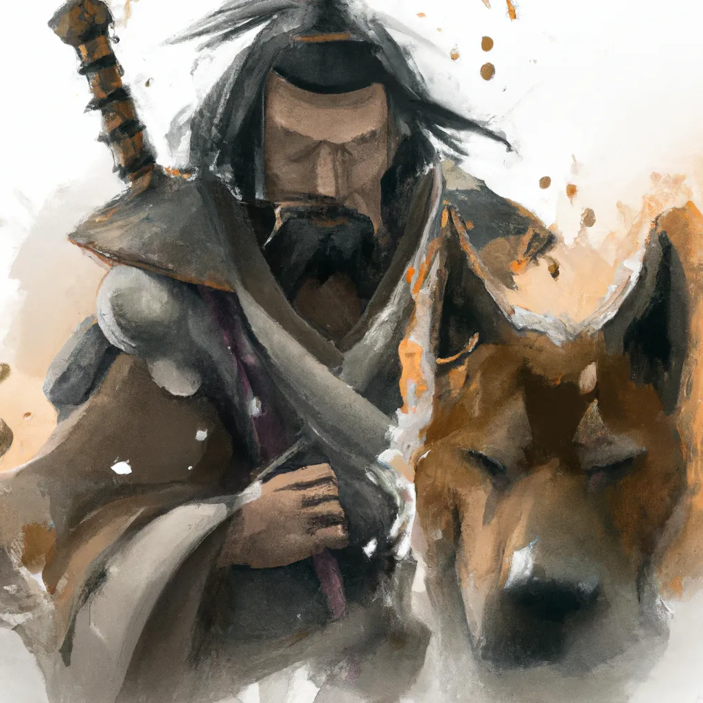 Prompt: a watercolor painting of a samurai and a dog , digital art


