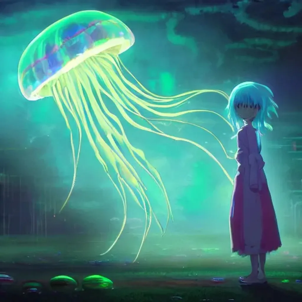 Prompt: bioluminescent jellyfish girl, Studio Ghibli, Anime Key Visual, by Makoto Shinkai, Deep Color, Intricate, 8k resolution concept art, Natural Lighting, Beautiful Composition