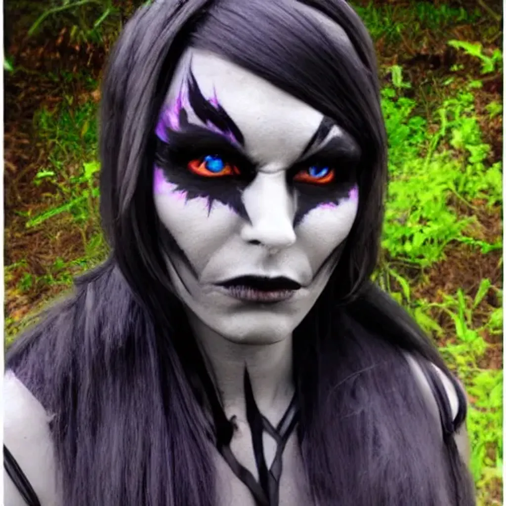 Prompt: charcoal black dark elf sorceress. cosplay at night. Ember eyes epicanthic fold