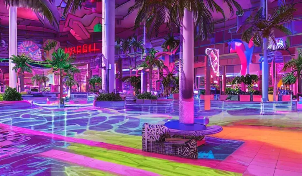 Prompt: multi story vaporwave aesthetic indoor liminal 90s mall with lazy river, columns, checkered floor tiles, palm trees, neon lights, Wide angle shot, 4k octane render, Fuji film, intricate detail, photoreal, cinematic, sublime atmosphere, at night time, colored lighting