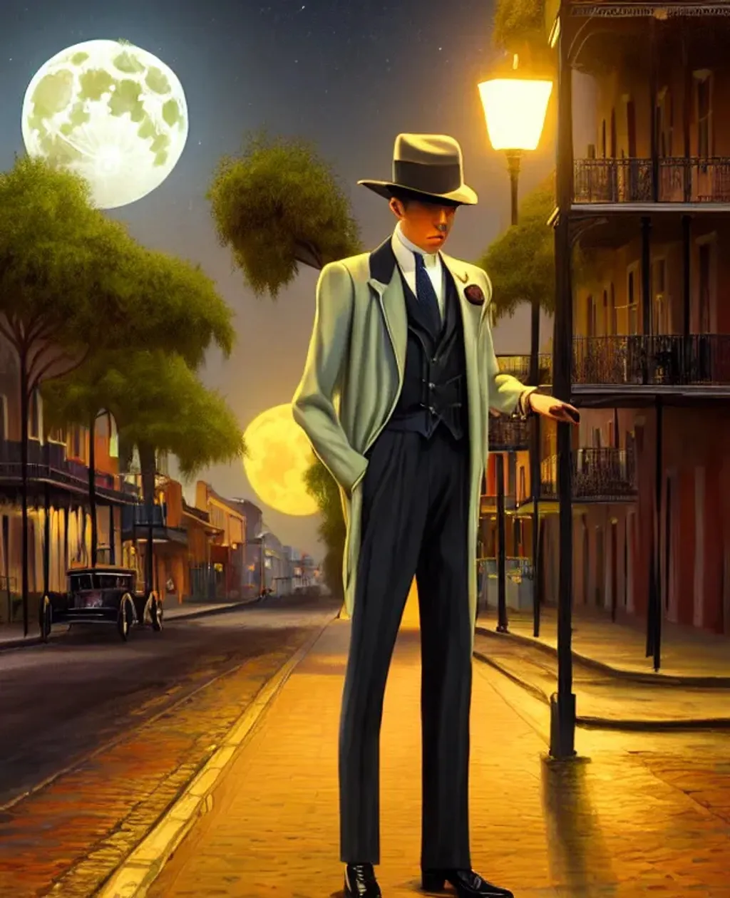 Prompt: high quality digital oil painting of a slender attractive well to do 1920's gentleman wearing a zoot suit, very stylish handsome in New Orleans by the light of a full moon,, warm color pallete, evening scene, Octane render, artgerm, award-winning cgi, blender, artstation, 8k