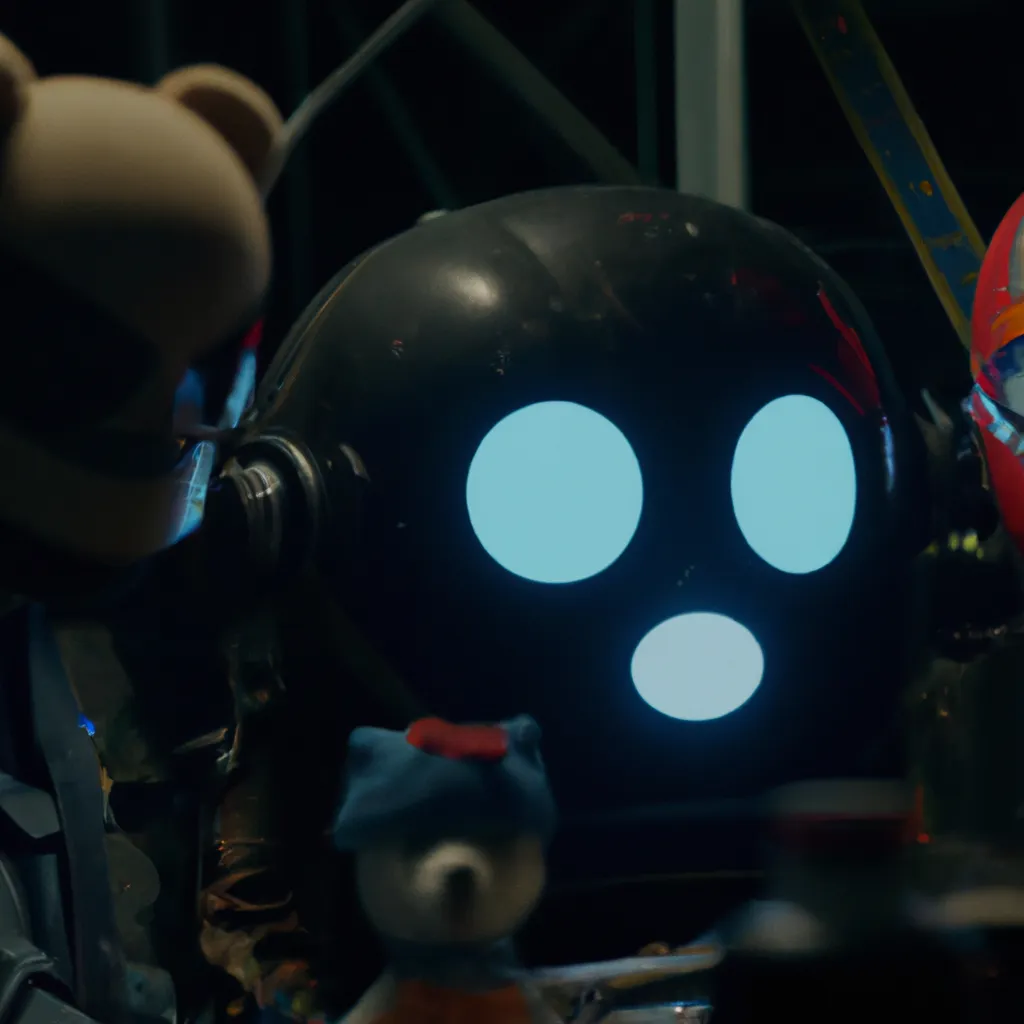 Prompt: An establishing shot of fnaf head in a dark mechanic Several mechanics in  suits and black helmets are repairing the fnaf  head. There is  sreen game