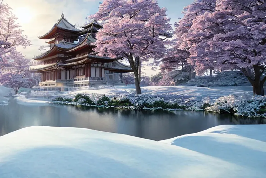 Prompt: Sakura Castle on an island in winter. Beautiful epic Victorian architecture, Sakura Tree and Flowers, Winter and Snow, Sunbeam. Deep rich colours. By Pablo Carpio, Greg Rutkowski, Yeonhee Kim, Martin Deschambault. matte painting, hyperrealistic, unreal engine 5, volumetric lighting, ray-tracing reflections, Trending On Artstation, beautiful nature photography, radiant, dramatic colours, oil painting, cinematic, HDR, octane render, masterpiece 4k