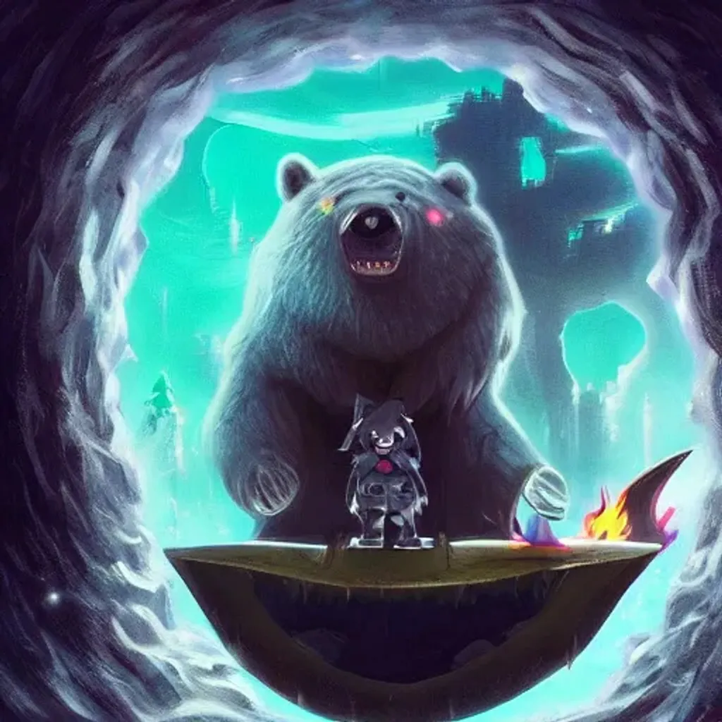 Prompt: Cool Anime character, a cute bear with green eyes wearing a hoodie and riding a megalodon shark, Halloween theme, Synthwave, wrapped around with fire, a character portrait by Andrei Kolkoutine, Artstation, sots art, 2d game art, quantum wavetracing, dark and mysterious By Laurie Lipton, Zdzislaw Beksinski