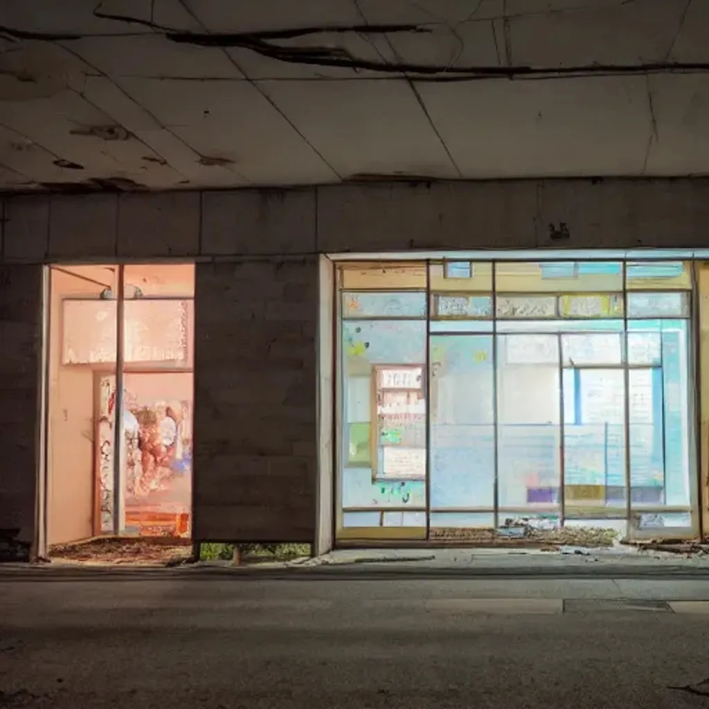 Prompt: abandoned store in south korea with people walking by, at night, liminal space