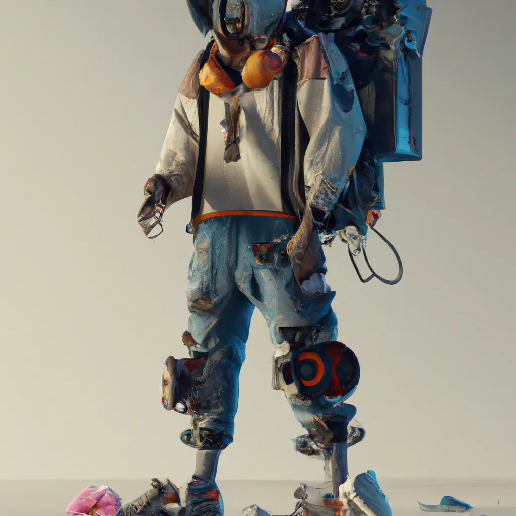 Prompt: flcl fighter wearing streetwear with vintage robot mask and fisher cap, headphones, feet wearing sneakers, cool, Astral realm ruins environment, very detailed robot full-body with symmetrical eyes, animal head, picking up flower, cinematic lighting, amazing composition , 3d octane render, unreal engine, rendered, hyper realistic, soft illumination, trending artstation, environmental concept art, all in grey, trending on ArtStation, , cinematic lighting