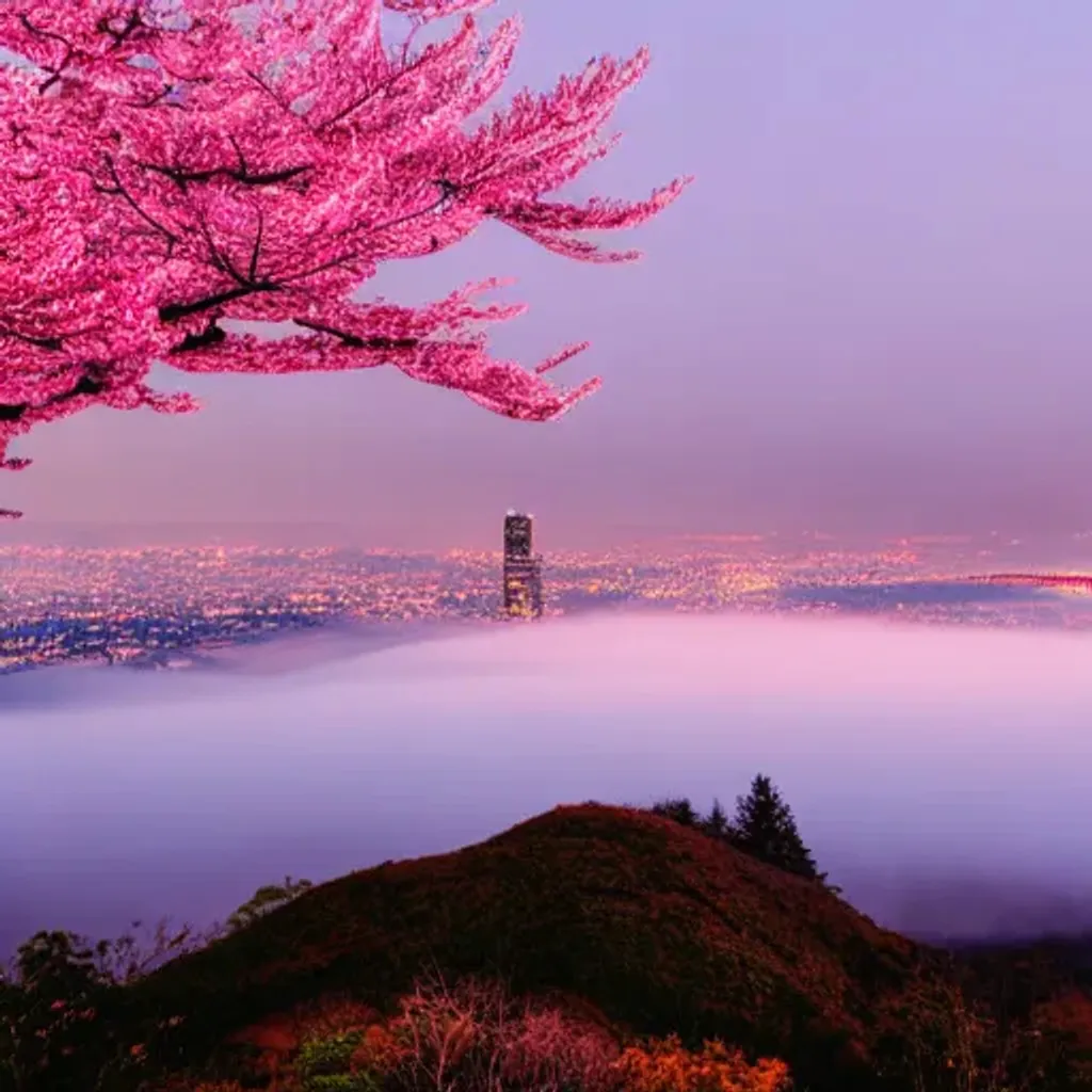 Prompt: mountains and cities covered in cherry blossom, soft light with fog, at night with city and ocean in the distance