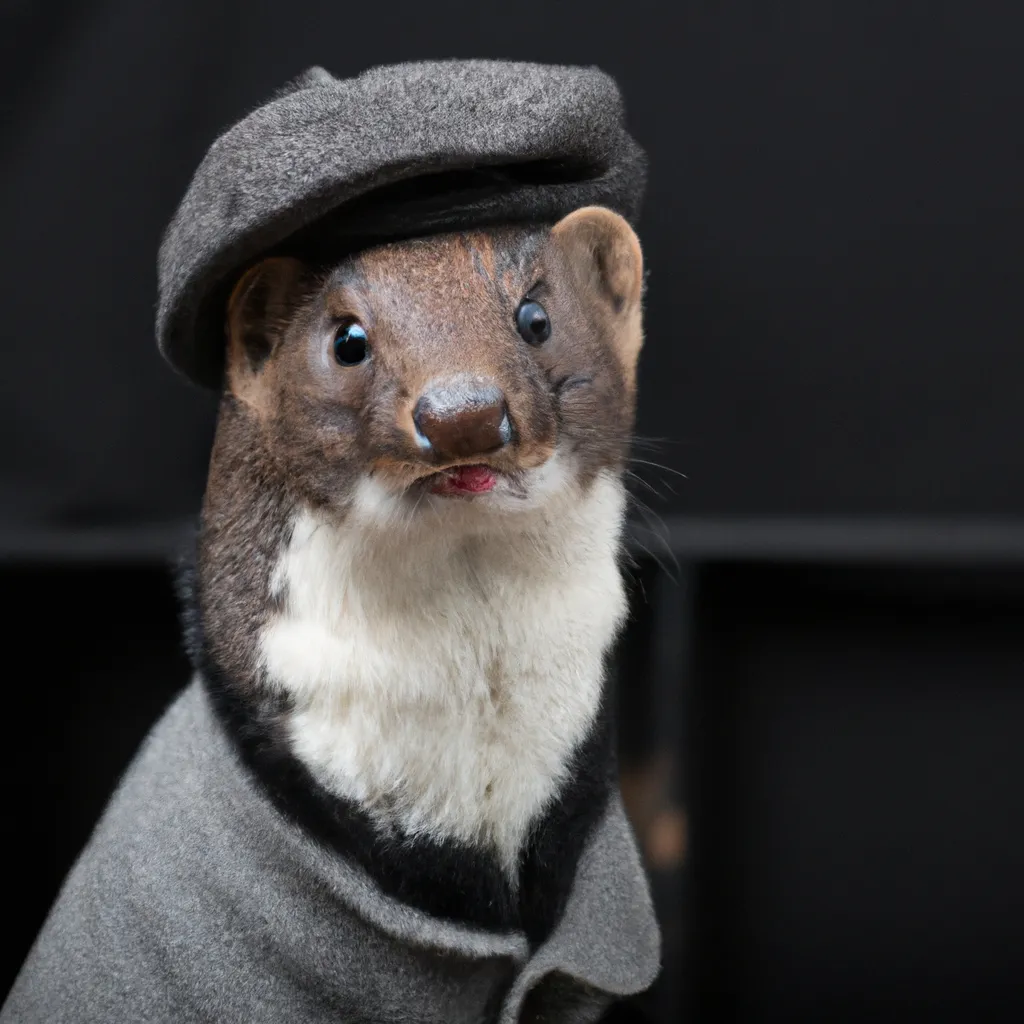 Prompt: Portrait of a stoat wearing a tweed flat cap and black tweed jacket