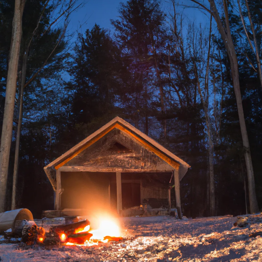 Prompt: A cabin in the woods with snow long exposure campfire 