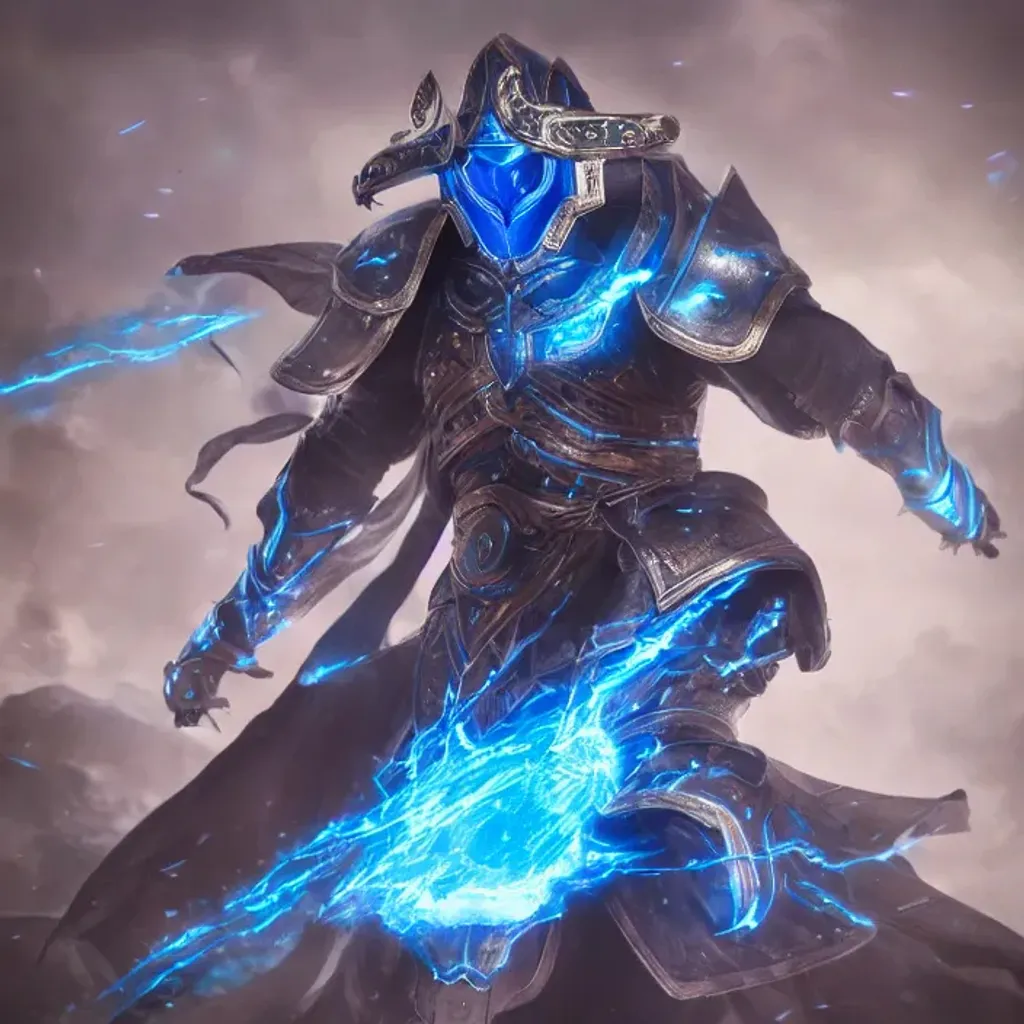 Prompt: concept art of an armored mage channeling blue energy, wearing metal mask, mana shooting from his hands, mystical energy in the air, action shot, heroic fantasy art, special effects, hd octane render