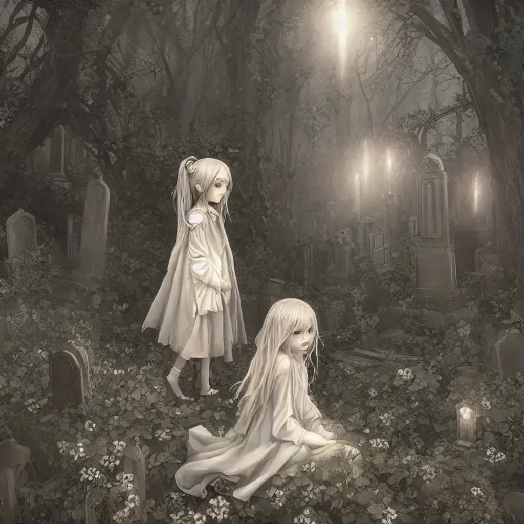 Prompt: a ghost girl visiting a graveyard, intricate details, intricate, high quality, detailed face, award winning, trending on artstation, cinematic lighting, attention to detail, detailed, hyper realistic, anime, detailed, masterpiece, golden ratio, fibonacci sequence, art by Seike Yukiko