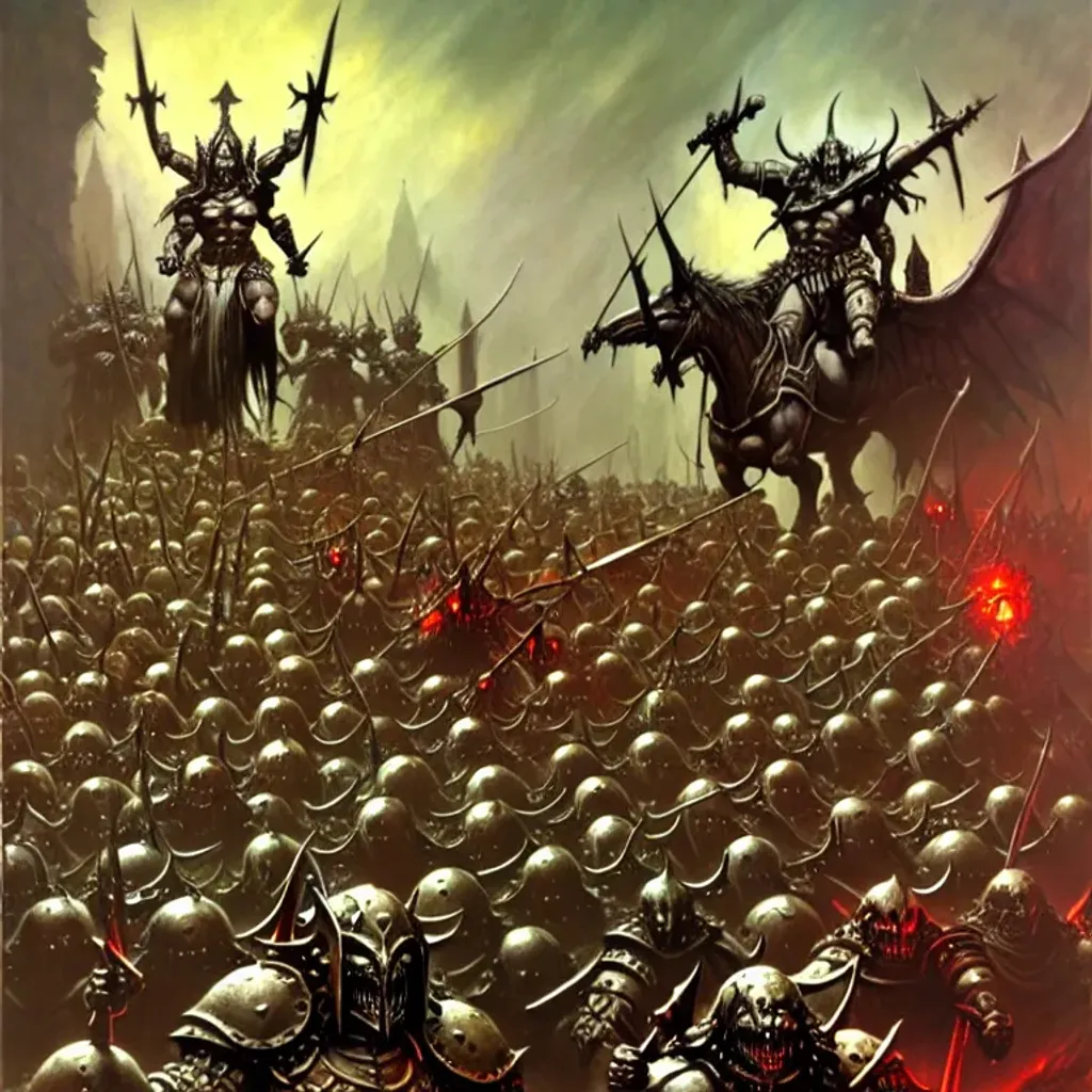 Prompt: Demon androgynous heavy armored and armed elves of Nurgle  march to battle, war, glory, lust, banners, fantasy art by Frank Frazetta, by Marc Simonetti, highly detailed, oil on canvas