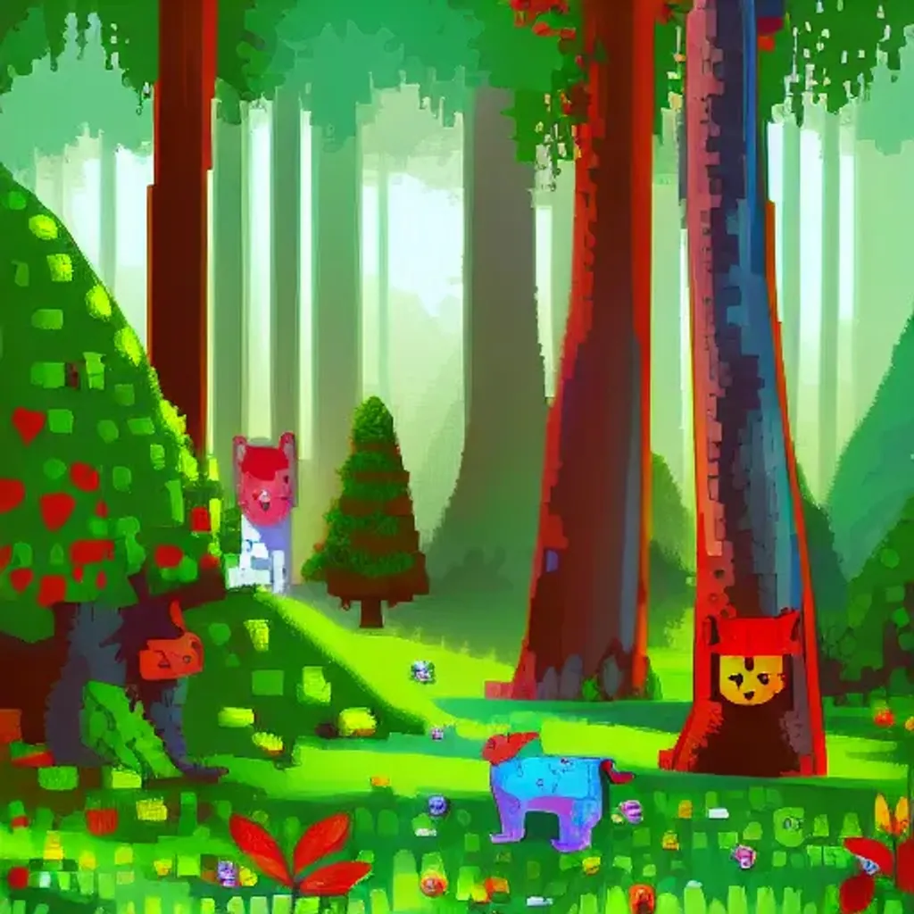 Prompt: cute forest scene, pixel art illustration, bright colors by Matej Jan