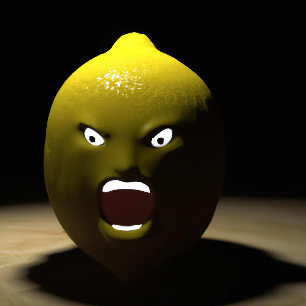 Prompt: bumpy yellow lemon with screaming face, under spotlight in dark room, close-up, cinematic, octane render, ray tracing art