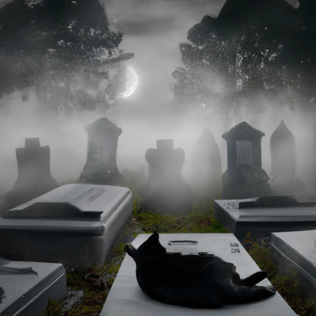 Prompt: A black cat lounging on an unmarked tombstones in a graveyard, with mist at night digital art