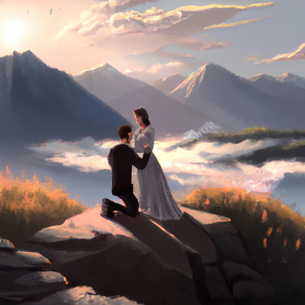 Prompt: a beautiful painting of a proposal in the mountains
groom on one knee, beautiful scenery
concept art, trending on artstation, 8k