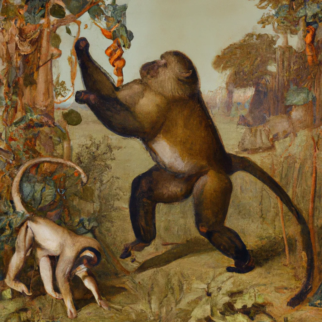 Prompt: 1800s painting of big monkey holding up small monkey to grab a fruit in jungle 