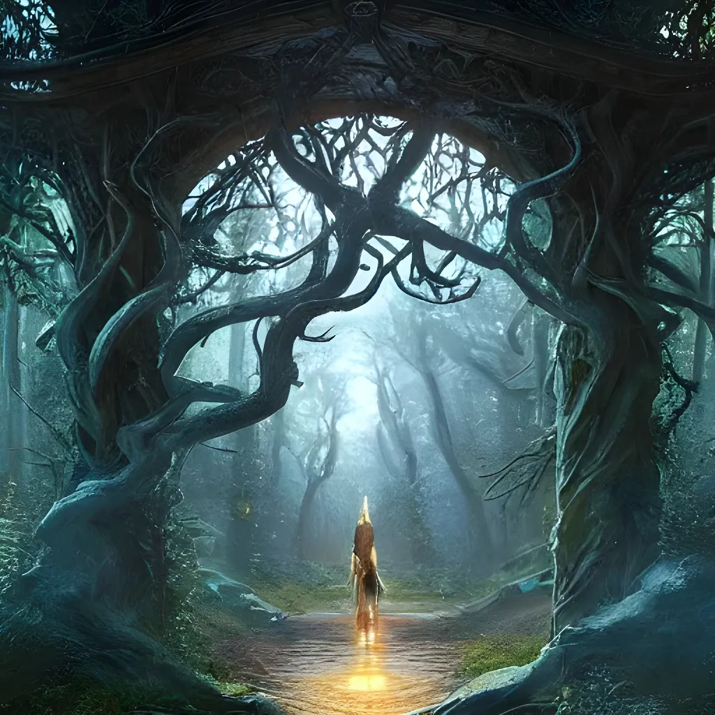 Prompt: Warrior walking towards beautiful fantasy glowing portal archway of the ancient forest gods in the magical forest, hyperdetailed, path, art nouveau architecture, mystical, picturesque, cinematic lighting, dappled sunshine, concept art, digital art, In the style of greg rutkowski, detailed, intricate detail, hyper-realistic