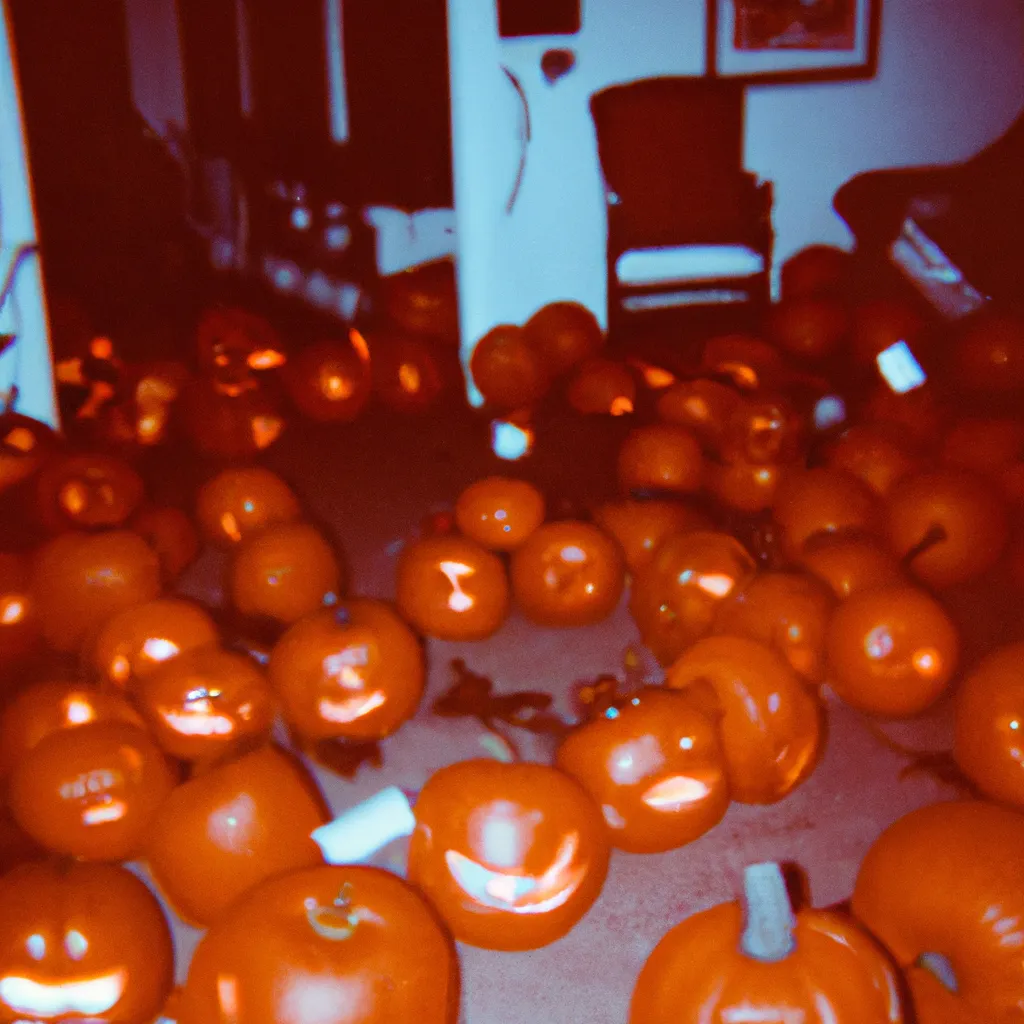 Prompt: 1993 disposable camera photograph of hundreds of jack-o-lanterns littering a American home 