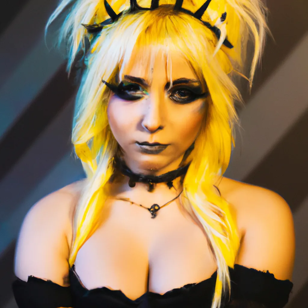 Prompt:  a very beautiful woman with yellow hair and black makeup and a goth choker with spikes, Cosplay photoshoot, professional photography