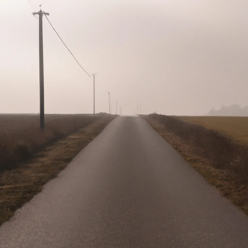 Prompt: A foggy street in the middle of the fields, realistic photo