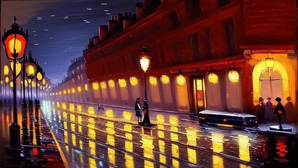 Prompt: The Lights Of Paris At Night While It’s Raining, beautiful, ivan shishkin, impressionism, camille pissarro, ismail inceoglu, claude monet, alena aenami, fantasy art