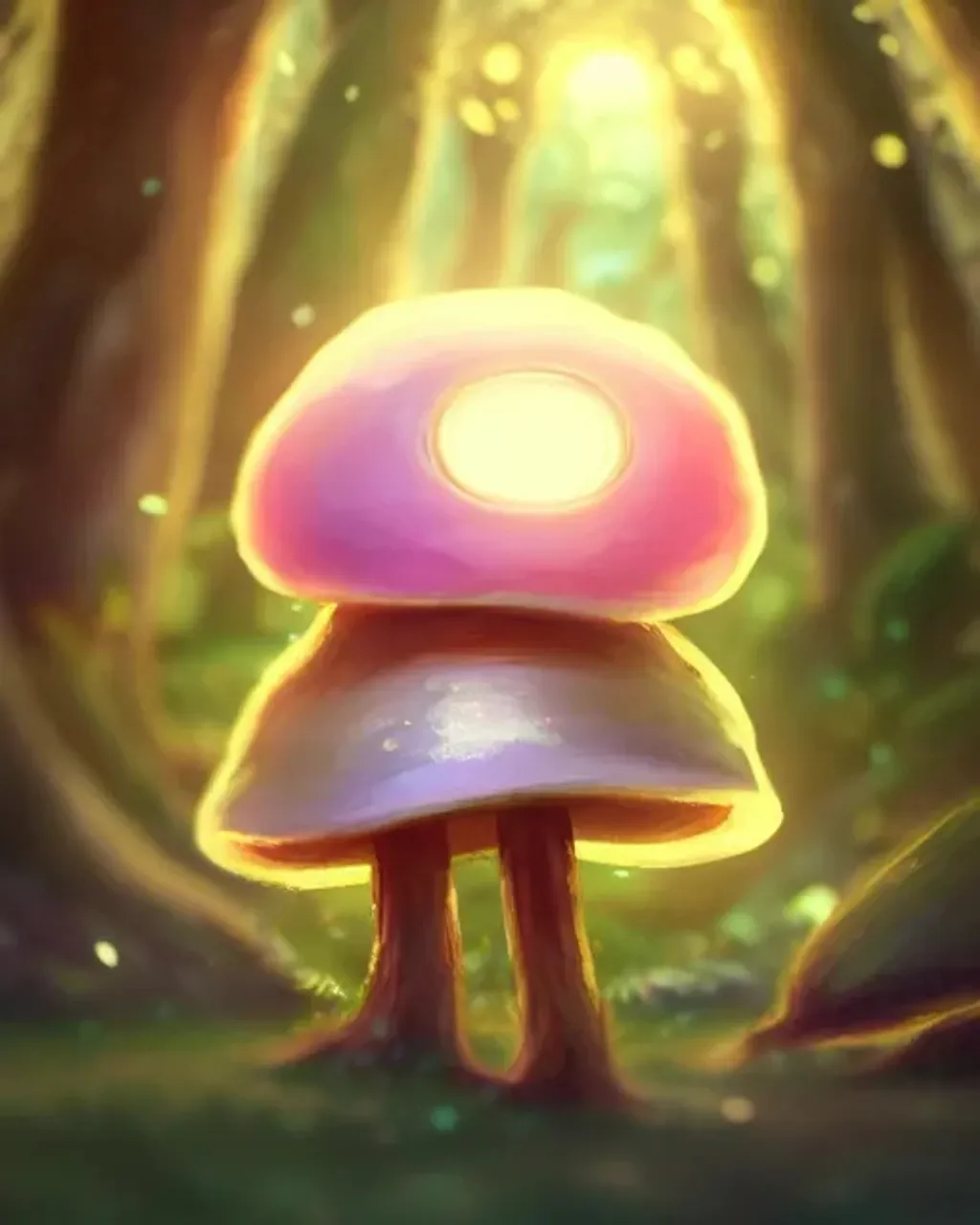 Prompt: concept character art for a cute fantasy creature made of mushrooms, large adorable anime eyes, centered, fantasy mushroom forest, bokeh effect, magical lighting, golden hour, lens flare, pastel pink glow, beautiful glowing lights, bio-luminescence, epic fantasy, fine art, clean, polished, trending on artstation, brush strokes, smooth, sharp focus,