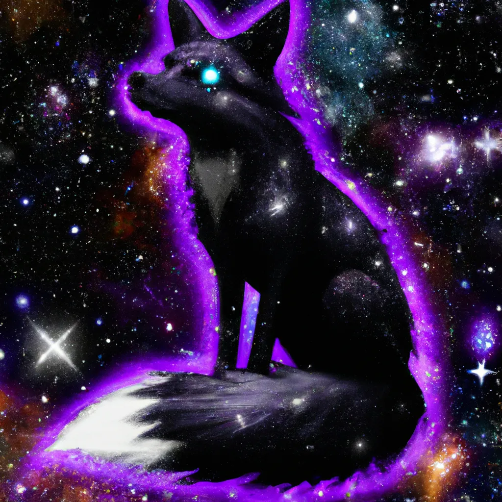 Prompt: a beautiful black fox with purple highlights with stars and the universe, hyperrealist render, high fidelity, high detail, character design