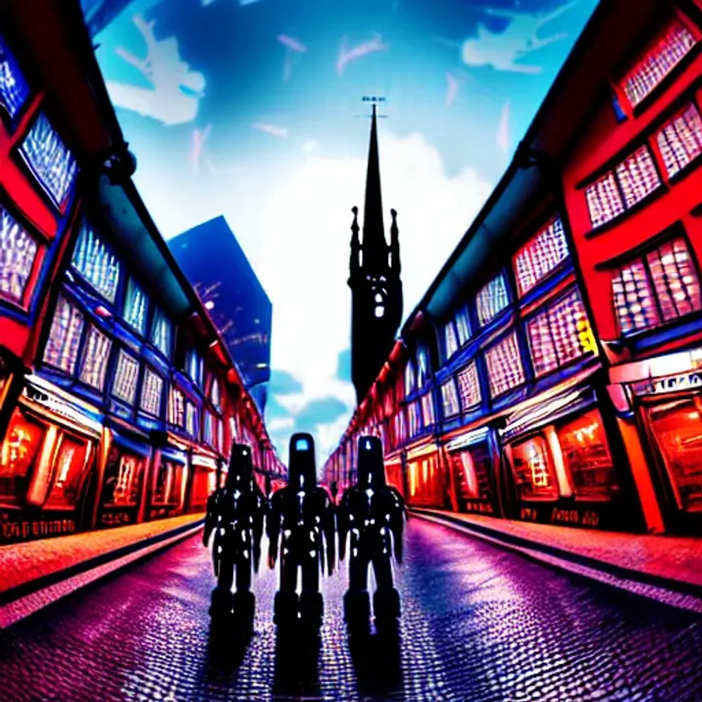 Prompt: Cyberpunk German city with mecha suits roaming the streets, city plaza, giant flatscreen televisions with graphics, medieval German architecture, German gothic church, German timber frame buildings, cobblestone streets, broad light, wide angle, over the shoulder point of view, futuristic German city, bloom lighting effect, highly detailed, picturesque, romantic, vivid colors, European city