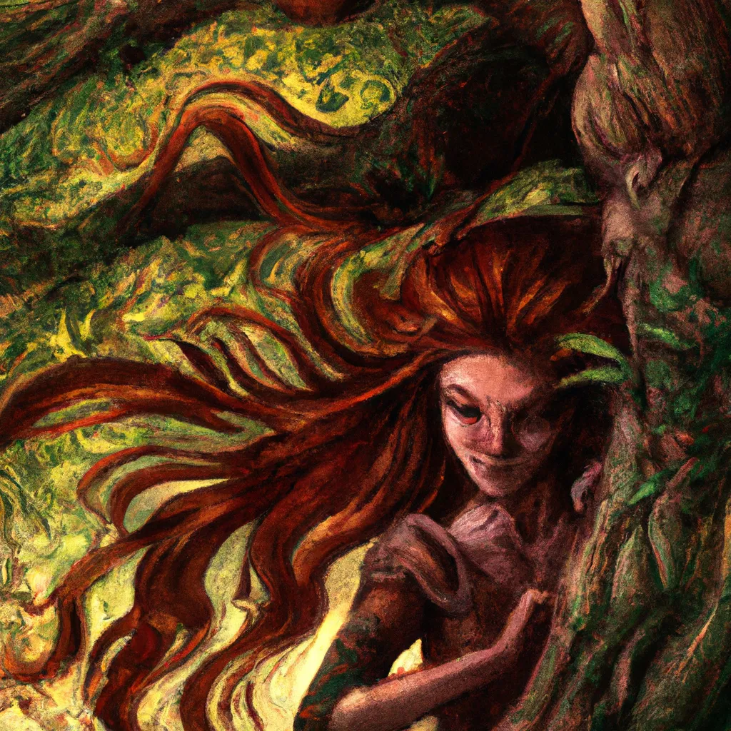 Prompt: Red haired Dryad in a willow tree, digital art, Greg Rutkowski