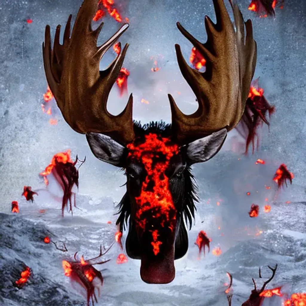 Prompt: Demon moose with red eyes bloody antlers and viscera around it and fire coming from the nose