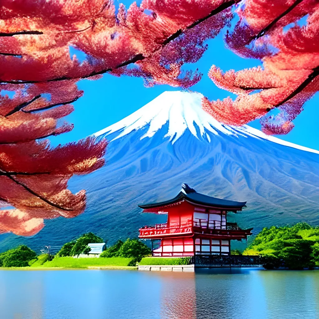 Prompt: Japanese mountain and a house by a lake with cherry tries