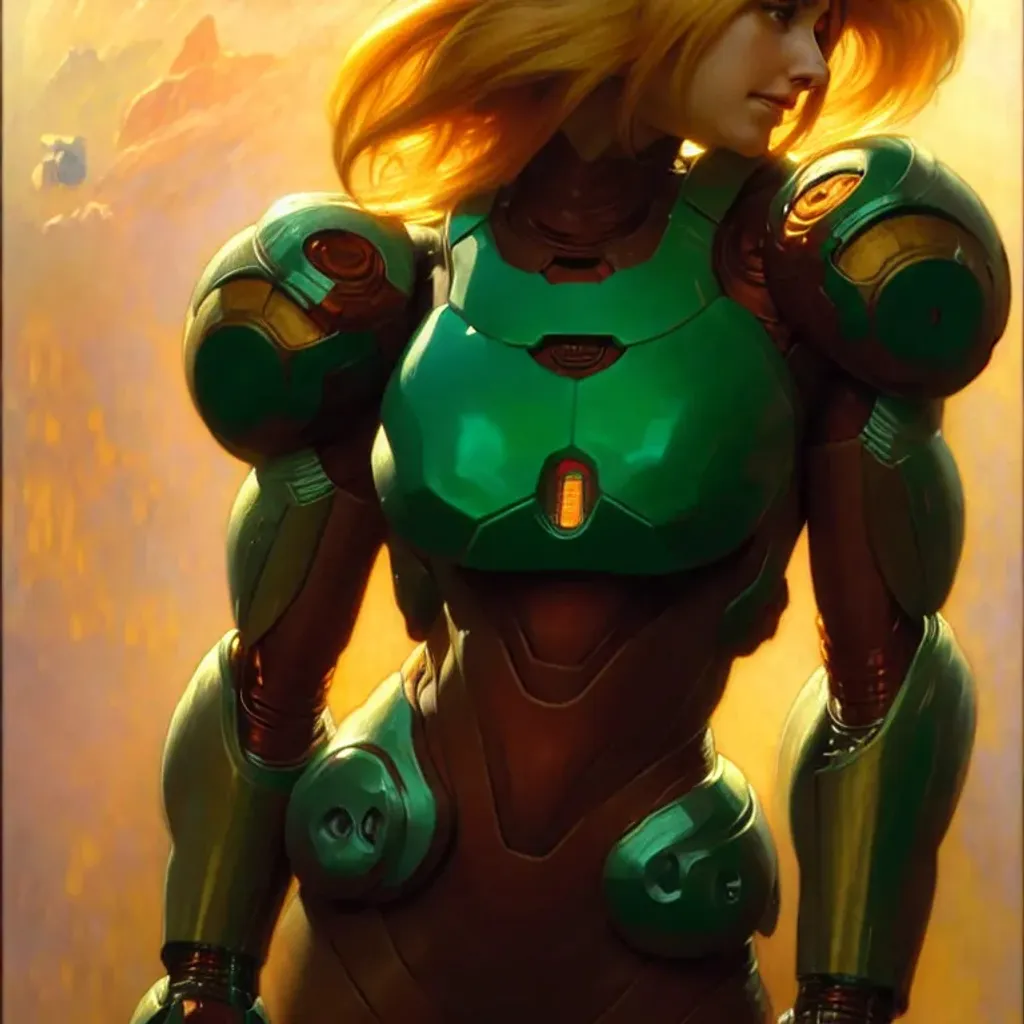 Prompt: Full head Portrait of Samus Aran from metroid, painting by gaston bussiere, craig mullins, greg rutkowski, alphonse mucha