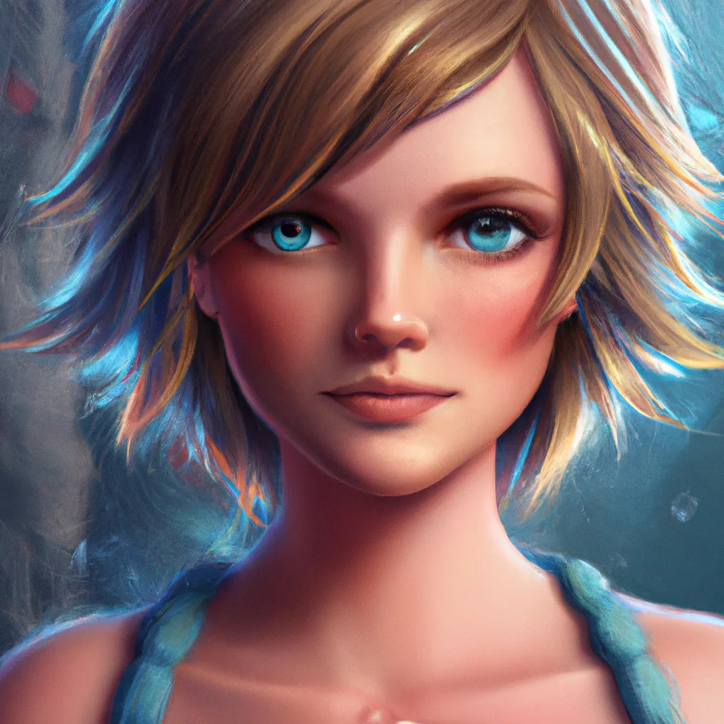 Prompt: Character concept of a beautiful short woman with long fluffy hair illustration by greg rutkowski and artgerm, trending on artstation, elegant pose, hyperdetailed, hyperrealistic, very detailed blue eyes, centered full body portrait, aesthetic tanktop, extremely detailed, soft bloom lightning, cgsociety, very realistic, very coherent, cinematic lightning, 8k, detailed face, octane render, unreal engine 5